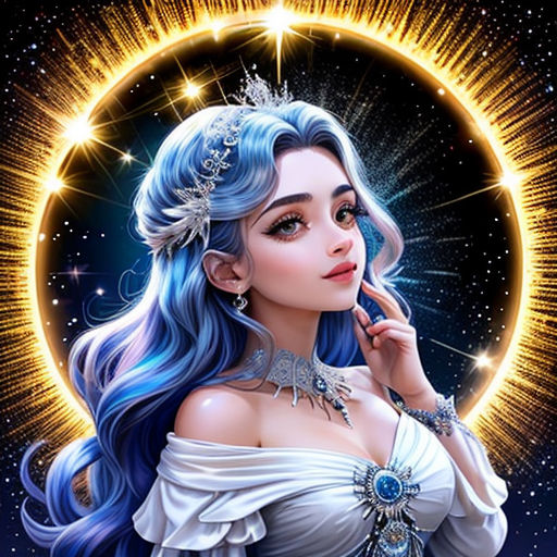 a woman with blue hair and a tiara in front of a moon with stars and a starburst