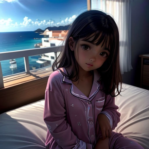 a little girl sitting on a bed in a room with a view of the ocean and a city in the background