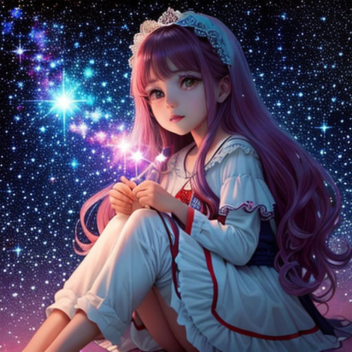 a girl sitting on the ground with a star in her hand and a purple hair and dress on her knees