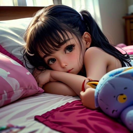 a little girl laying on a bed with a stuffed animal next to her head and a stuffed animal toy