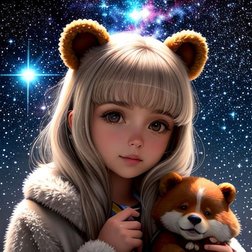 a girl holding a teddy bear in her arms in front of a night sky with stars and a star filled sky