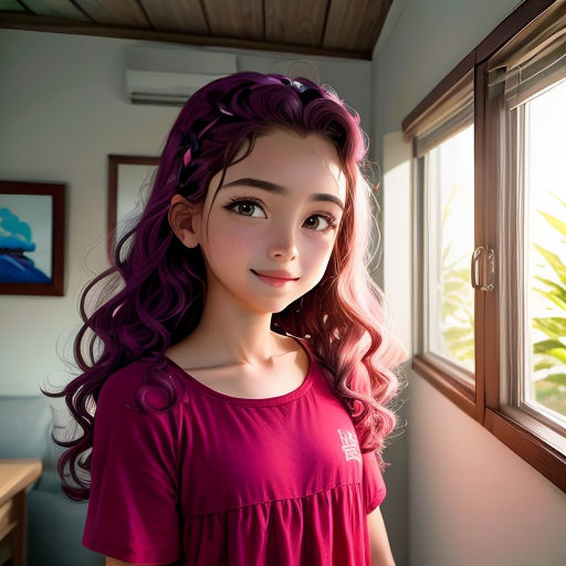 a girl with long hair standing next to a window looking out the window at the ocean and palm trees