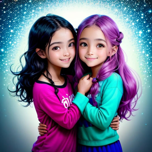 two girls hugging each other with stars in the background and a blue sky behind them, with a bright light shining on the horizon