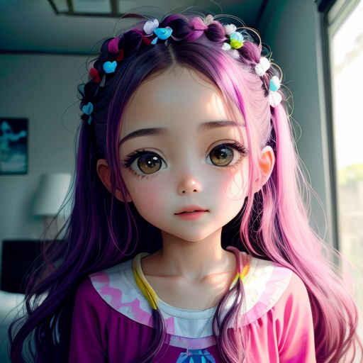 a doll with long pink hair and a flower in her hair, wearing a pink shirt and a flower in her hair