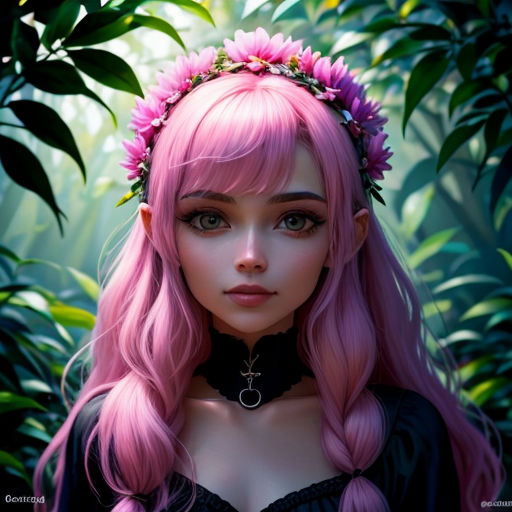 a girl with pink hair and a flower crown on her head is standing in a jungle setting with leaves