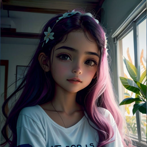 a girl with pink hair and a flower in her hair is looking out a window with a plant in the corner