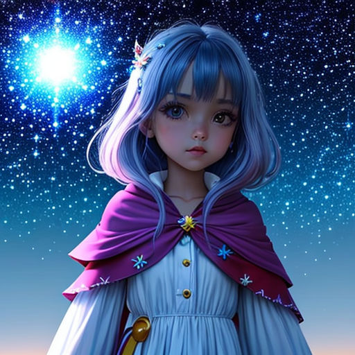 a girl with blue hair and a purple cape standing in front of a star filled sky with stars and a bright light