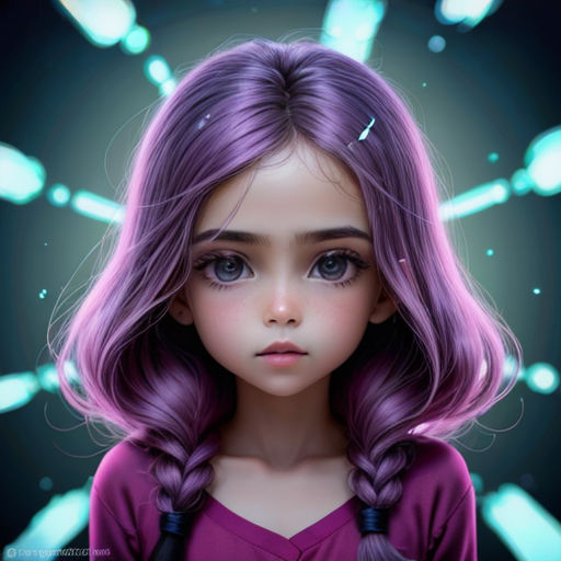 a girl with purple hair and a purple dress is looking at the camera with a strange light behind her