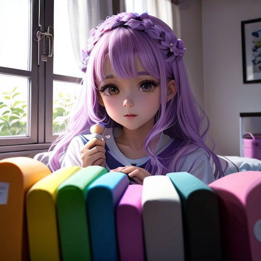 a doll with long purple hair sitting in front of a window with a rainbow colored background and a rainbow colored chair