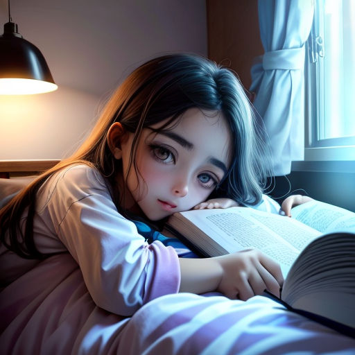 a girl laying on a bed reading a book with a lamp on the side of the bed behind her