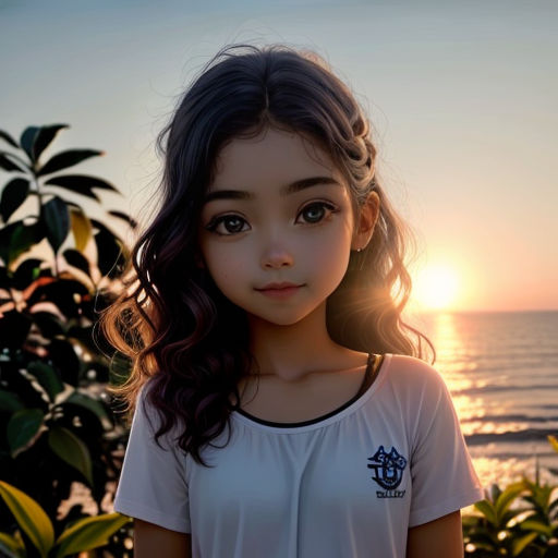 a little girl standing in front of the ocean at sunset with the sun setting behind her and the ocean in the background