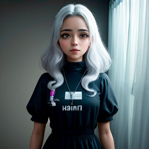 a woman with white hair and a black dress is standing in front of a window with a book on it