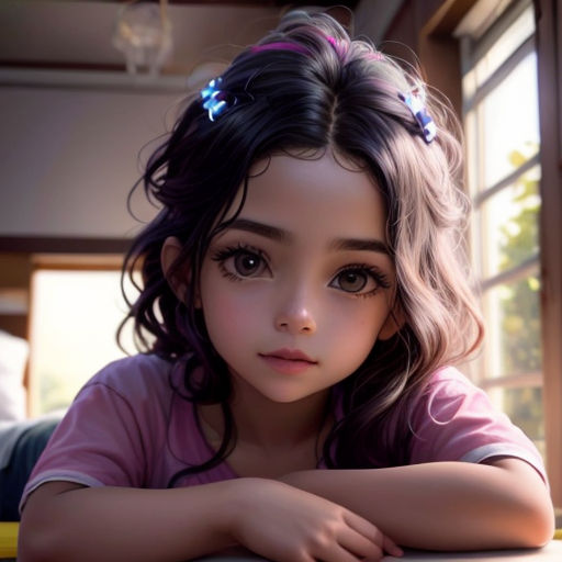 a little girl with long hair and a pink shirt is sitting at a table with her arms crossed and looking at the camera