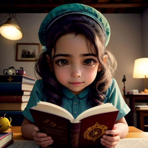 a little girl reading a book while wearing a green hat and green shirt and holding a book in her hands