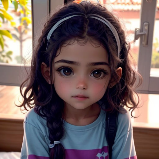 a little girl with a ponytail sitting in front of a window with a book bag on her shoulder and a backpack on her shoulder