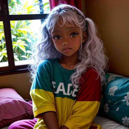 a little girl sitting on a bed with a colorful shirt on and a pink pillow behind her and a window behind her