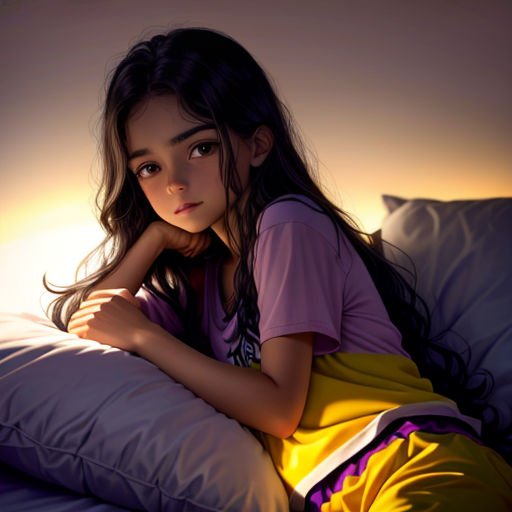 a girl laying on a pillow in the sun with her arms on her chest and her head resting on her pillow