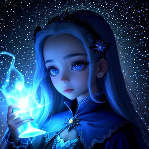 a girl holding a glowing light in her hand with stars in the background and a blue sky behind her