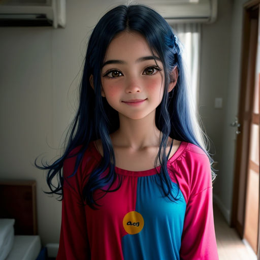 a young girl with blue hair and a red shirt is smiling at the camera while standing in a room