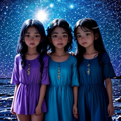 three girls standing in front of a night sky with stars in the background and a bright star in the sky
