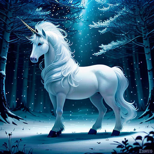a white unicorn standing in the middle of a forest at night with a full moon behind it and trees