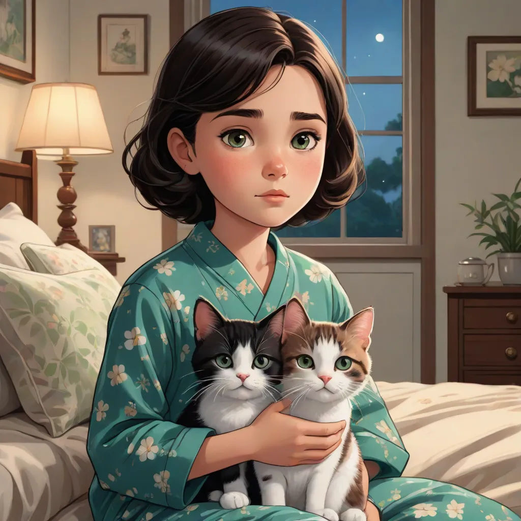 a woman in pajamas holding a cat on a bed with a night sky in the background and a lamp on the nightstand, Chen Lin, furry art, a storybook illustration, kinkade