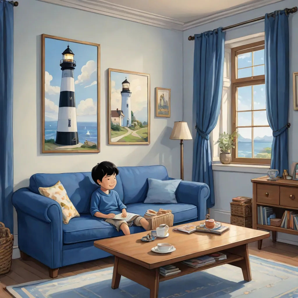 a painting of a boy sitting on a blue couch in a living room with a lighthouse painting on the wall, Diego Gisbert Llorens, american scene painting, a storybook illustration, highly detailed digital painting
