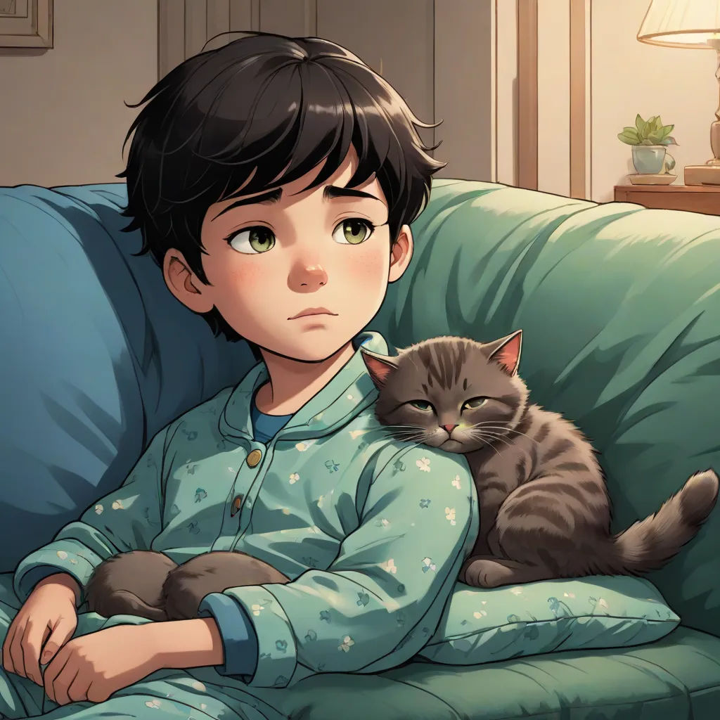a boy sitting on a couch with a cat in his lap and a lamp on the side of the couch, Everett Warner, sots art, a storybook illustration, official art