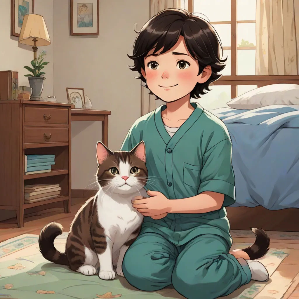 a boy in a green shirt sitting on the floor with a cat in front of him and a bed in the background, Adam Manyoki, remodernism, a character portrait, official art