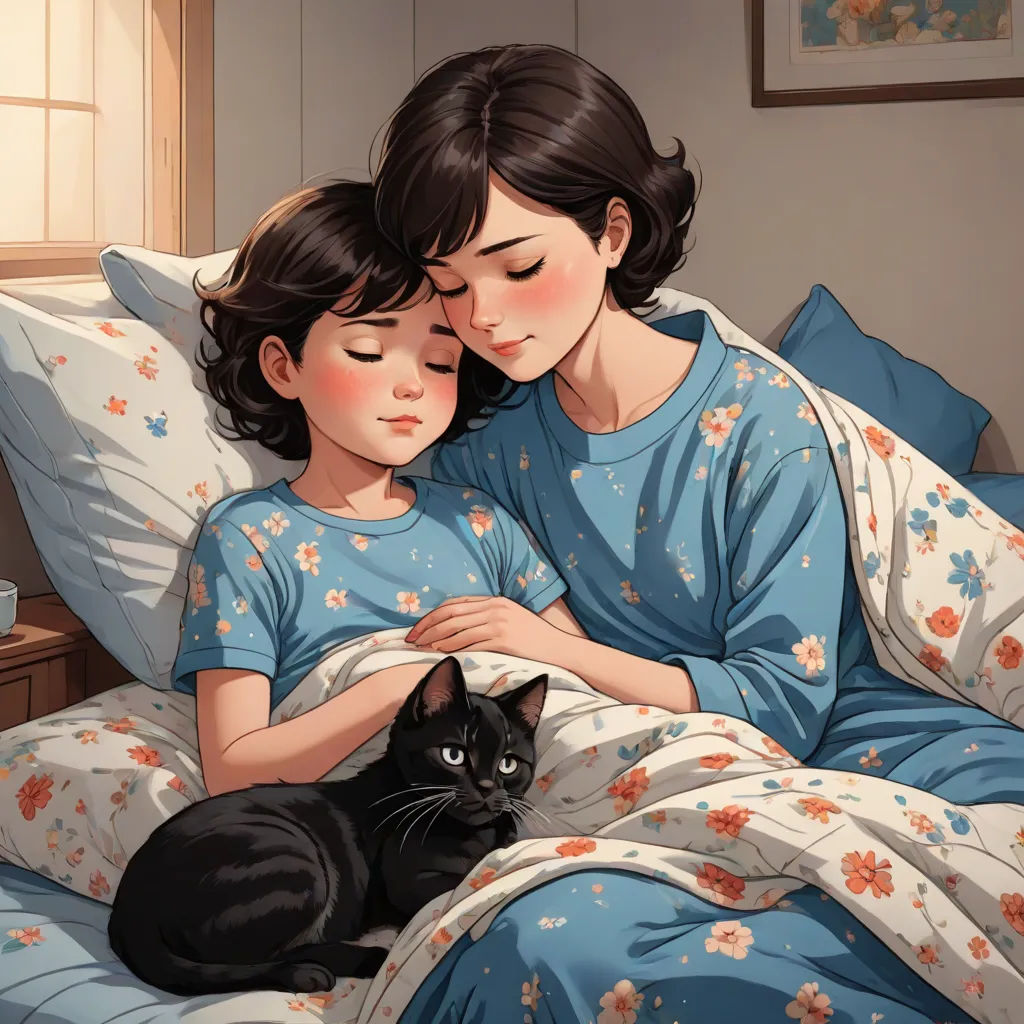 a woman and a cat are laying in bed together, with a cat on her lap and a window in the background, Atey Ghailan, furry art, a storybook illustration, official art
