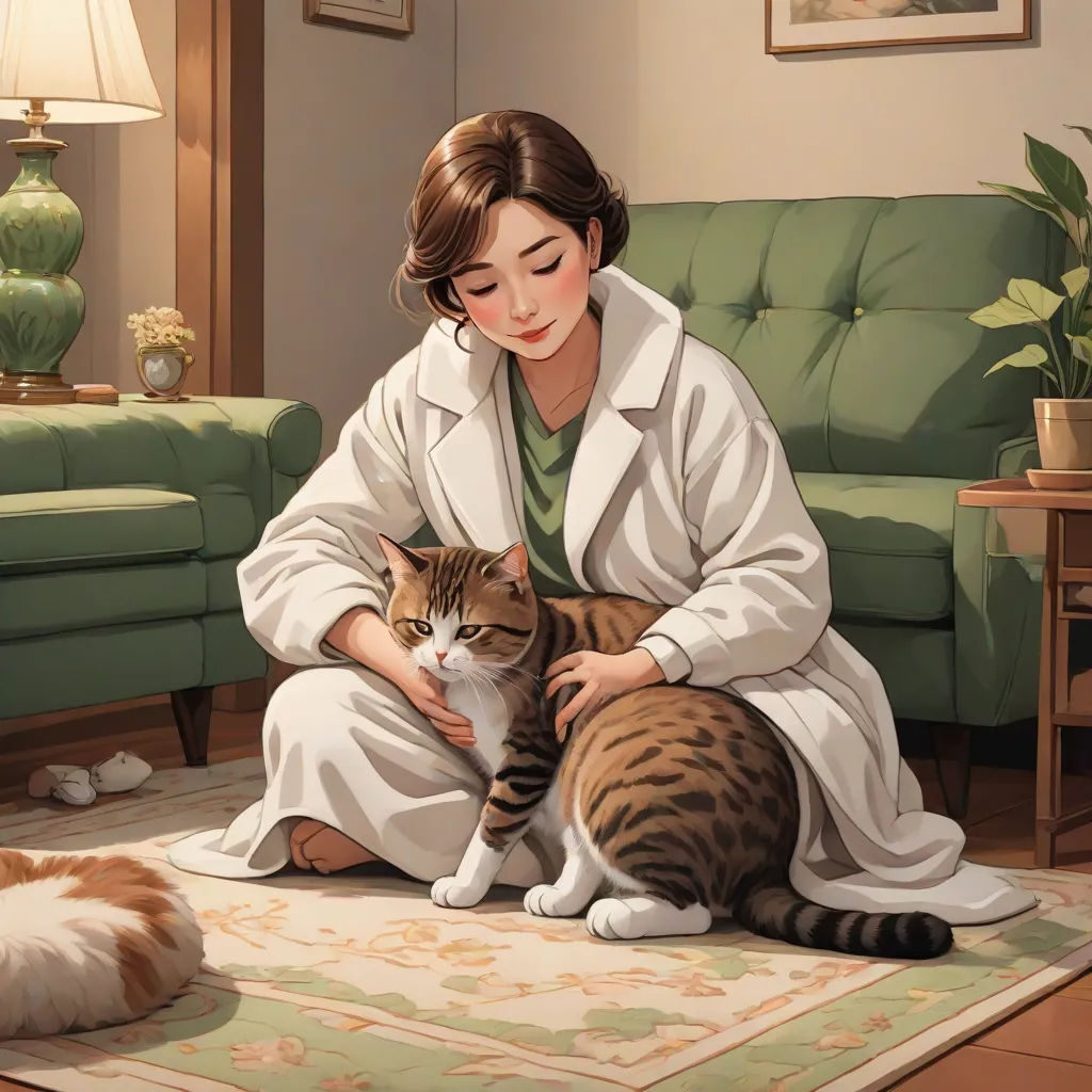 a woman in a bathrobe petting a cat on the floor next to a couch and a cat laying on the floor, Chen Hong, figurative art, a storybook illustration, official art