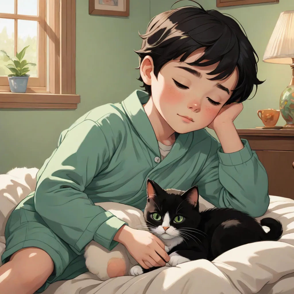 a boy laying in bed with a cat next to him and a lamp on the side of the bed, Atey Ghailan, furry art, a storybook illustration, storybook illustration