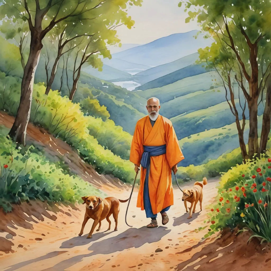 a painting of a man walking two dogs on a path in the woods with mountains in the background and a dog following him, figurative art, a watercolor painting, Chang Dai-chien, phuoc quan