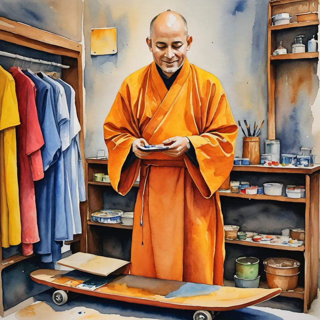 a painting of a monk in a room with a skateboard and other items on a shelf and a shelf, figurativism, an ultrafine detailed painting, Esao Andrews, phuoc quan