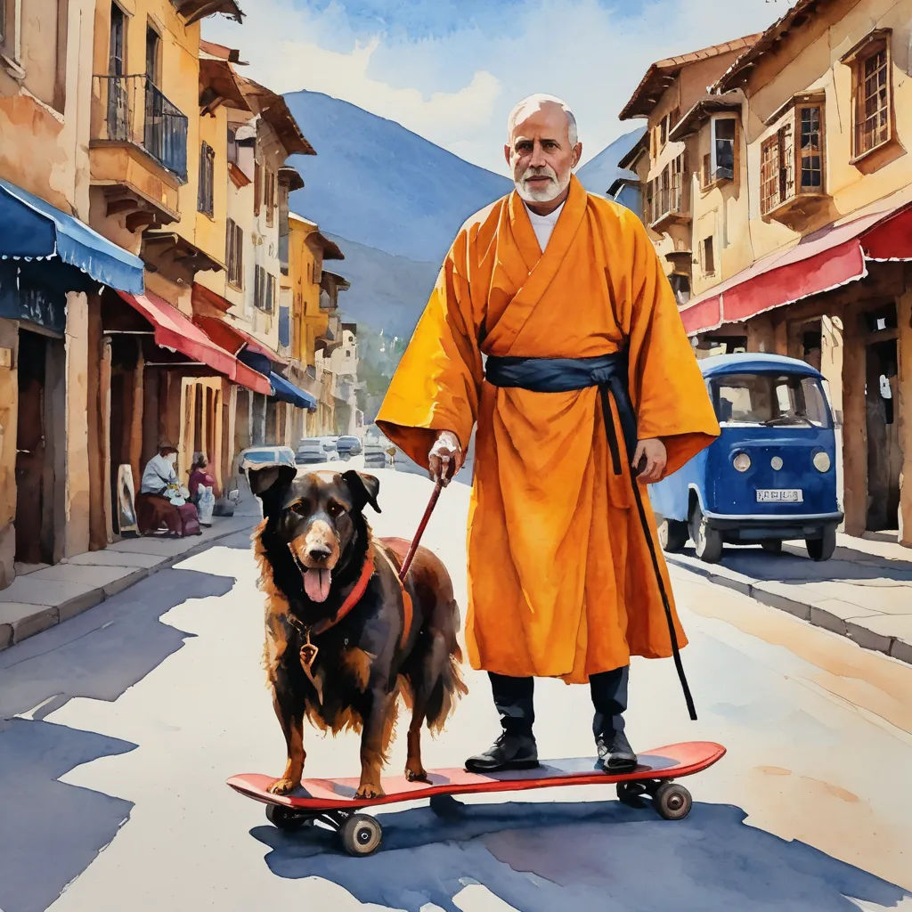 a painting of a man on a skateboard with a dog on a leash in front of him and a car in the background, figurative art, an ultrafine detailed painting, Eric Zener, in gouache detailed paintings