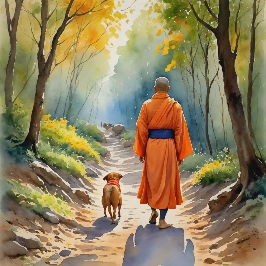 a painting of a man walking a dog down a path in the woods with trees and bushes on either side of him, figurative art, a watercolor painting, Chang Dai-chien, tranquil