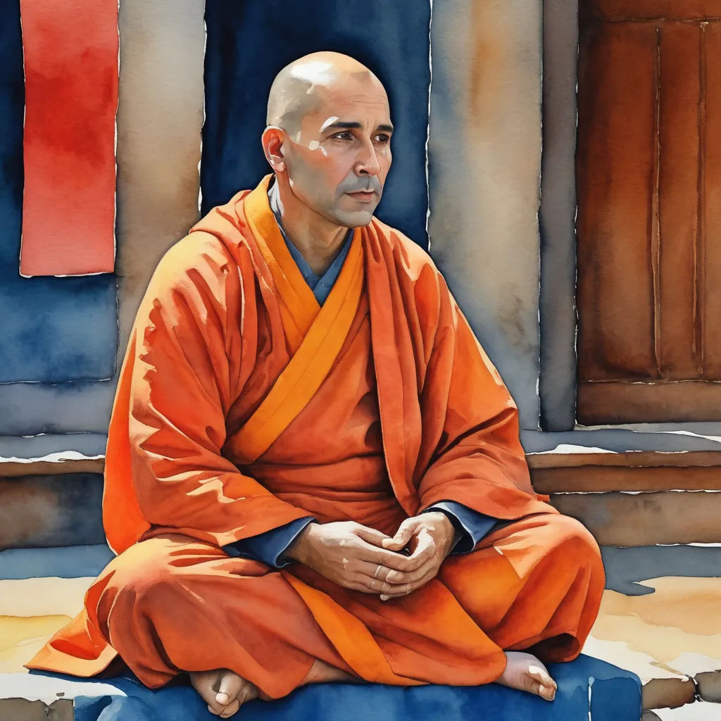 a painting of a man sitting on a step wearing an orange robe and a blue hat with a red stripe, figurative art, a watercolor painting, Anthony Devas, in gouache detailed paintings