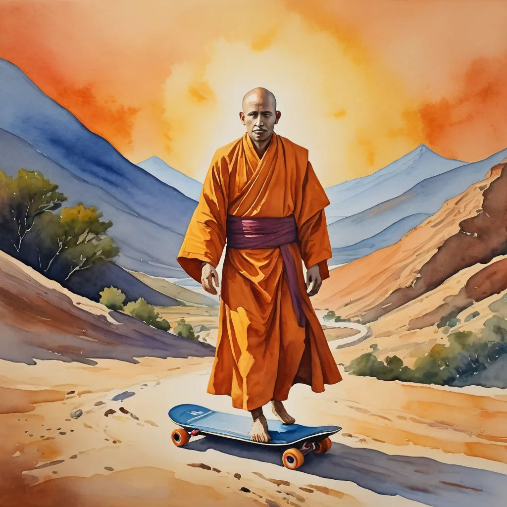 a painting of a man in a robe standing on a skateboard in the desert with mountains in the background, figurativism, a fine art painting, Esao Andrews, incredible art