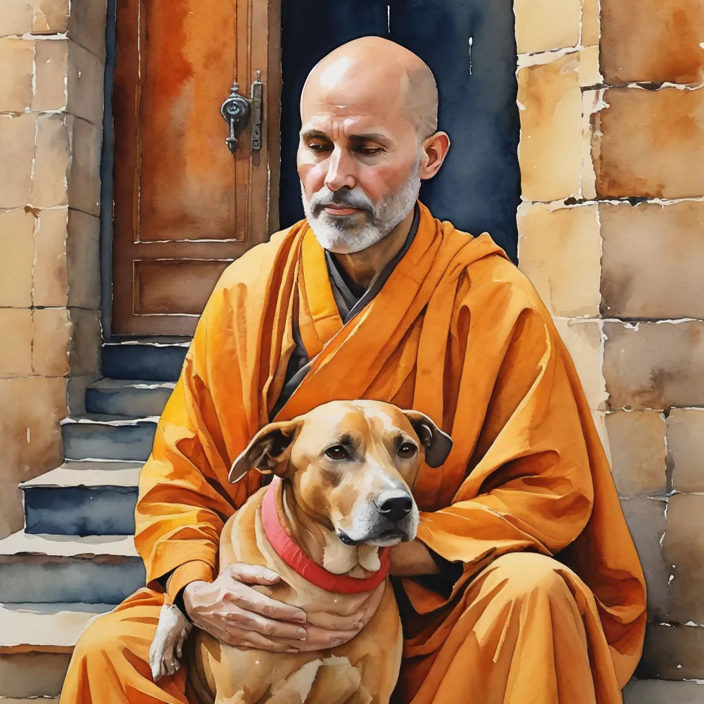 a painting of a man sitting on steps with a dog in his lap and a brick building behind him, figurative art, a watercolor painting, Bholekar Srihari, in gouache detailed paintings