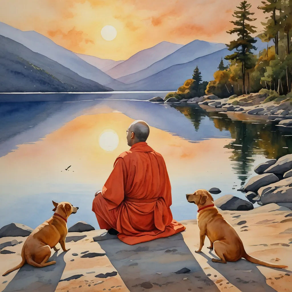 a painting of a man sitting on a rock with two dogs looking at him and the sun setting over a lake, figurative art, a fine art painting, Christophe Vacher, tranquil