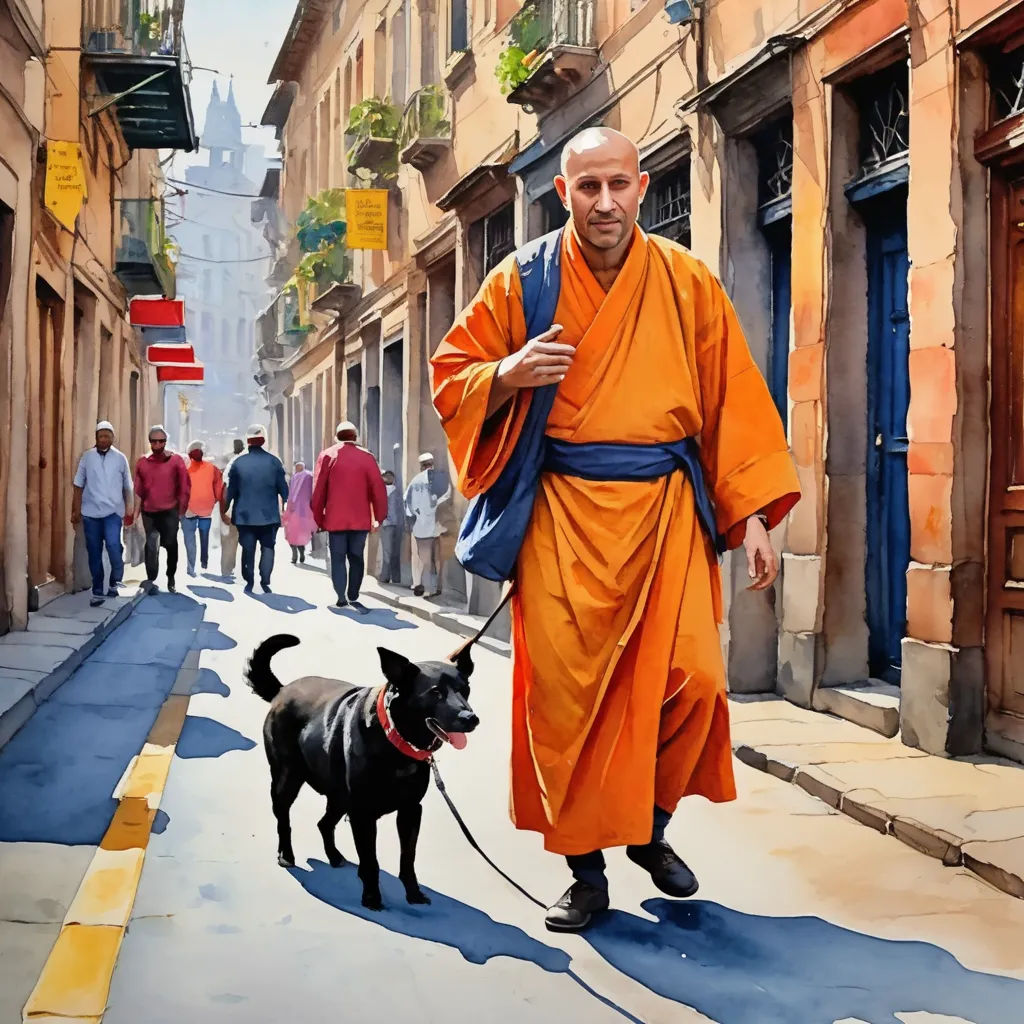 a man in an orange robe walking a black dog down a street with people walking down the street behind him, photorealism, a watercolor painting, Chris LaBrooy, in gouache detailed paintings