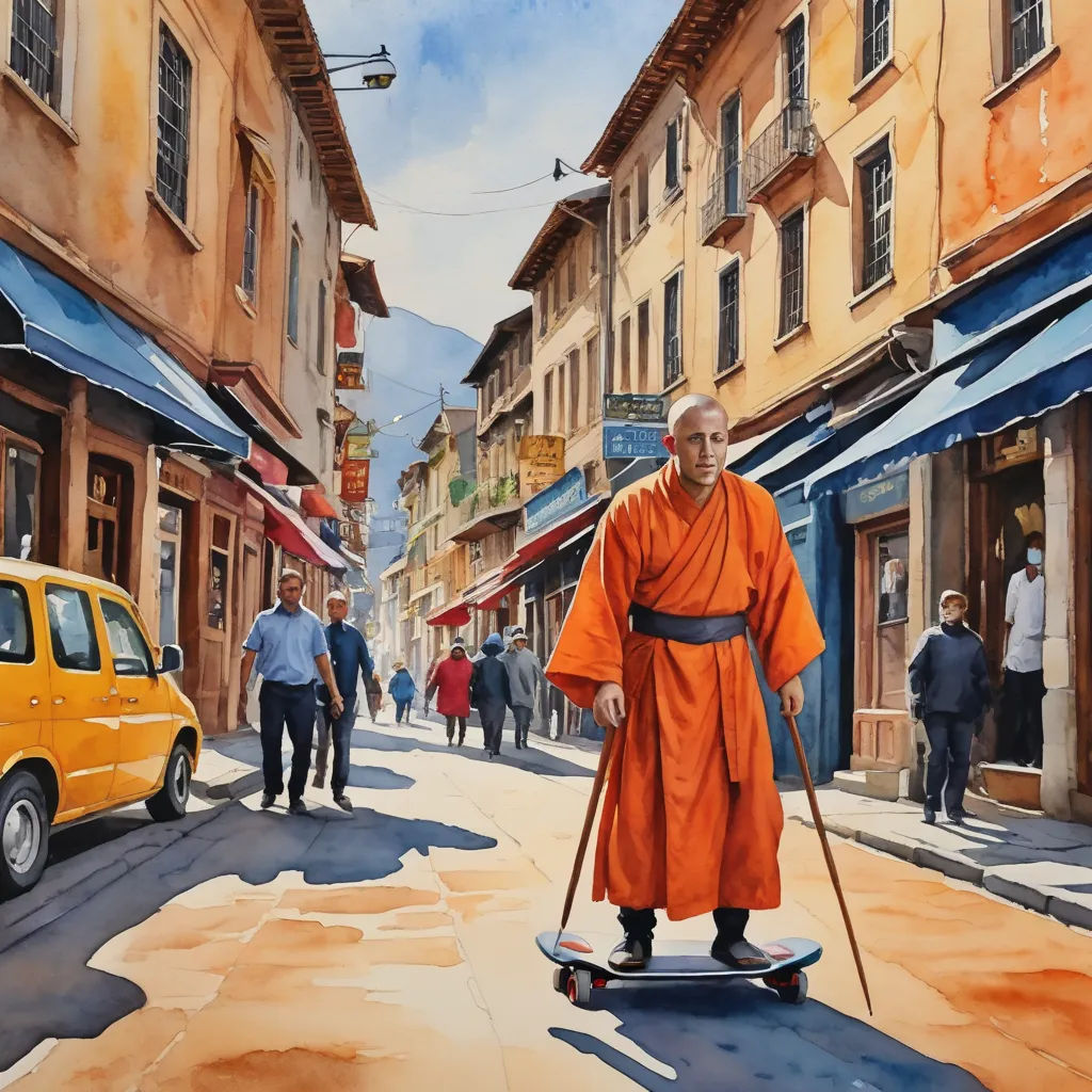 a painting of a man in an orange robe riding a skateboard down a street with people walking by, modern european ink painting, a watercolor painting, Esao Andrews, in gouache detailed paintings