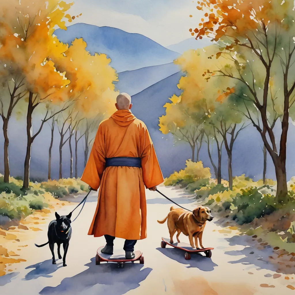 a painting of a man walking two dogs on a leash on a path in the woods with trees and mountains in the background, figurativism, a watercolor painting, Esao Andrews, watercolor