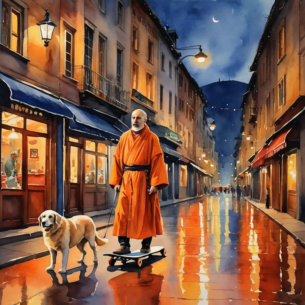 a painting of a man on a skateboard with a dog on a city street at night with buildings and a street light, figurative art, a fine art painting, Eric Deschamps, thierry doizon