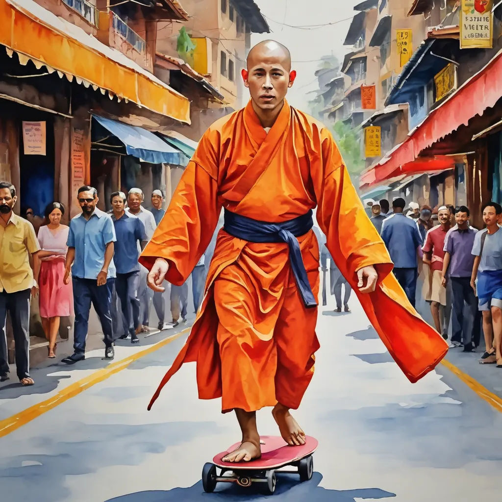 a painting of a man riding a skateboard down a street with people walking around him and a crowd of people walking around, cloisonnism, a hyperrealistic painting, Chris LaBrooy, phuoc quan