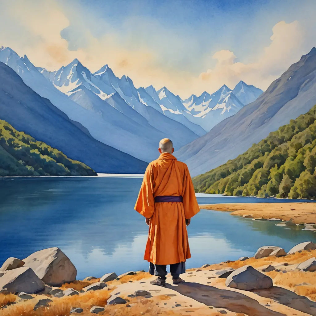 a painting of a man standing on a rocky shore looking at a mountain lake and mountains in the distance, figurative art, a detailed matte painting, Christophe Vacher, tranquil