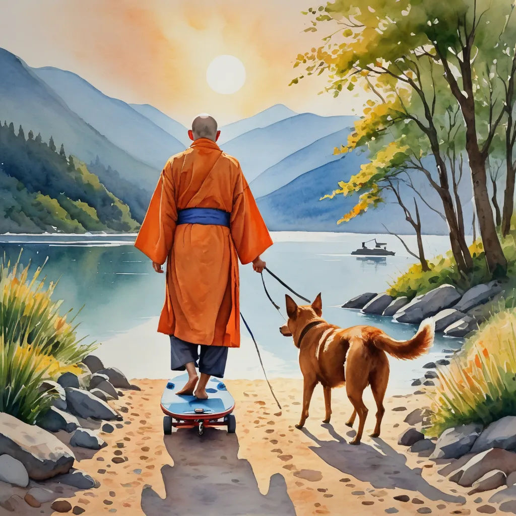 a painting of a man walking a dog on a leash on a path near a lake with a boat, metaphysical painting, a watercolor painting, Eric Zener, in gouache detailed paintings
