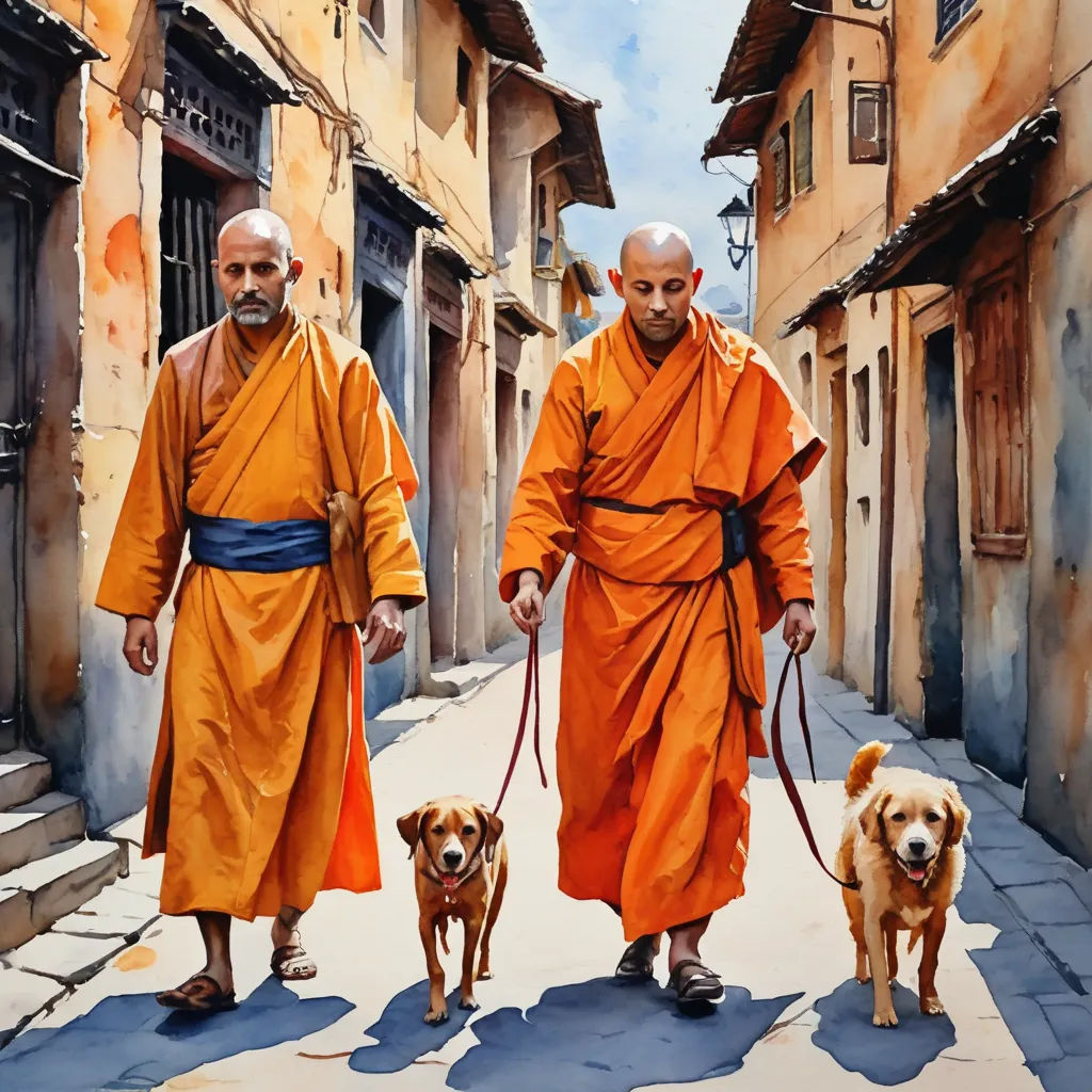 two men walking two dogs down a street with orange robes on and a dog on a leash in front of them, figurative art, a fine art painting, Chen Chun, extremely detailed oil painting