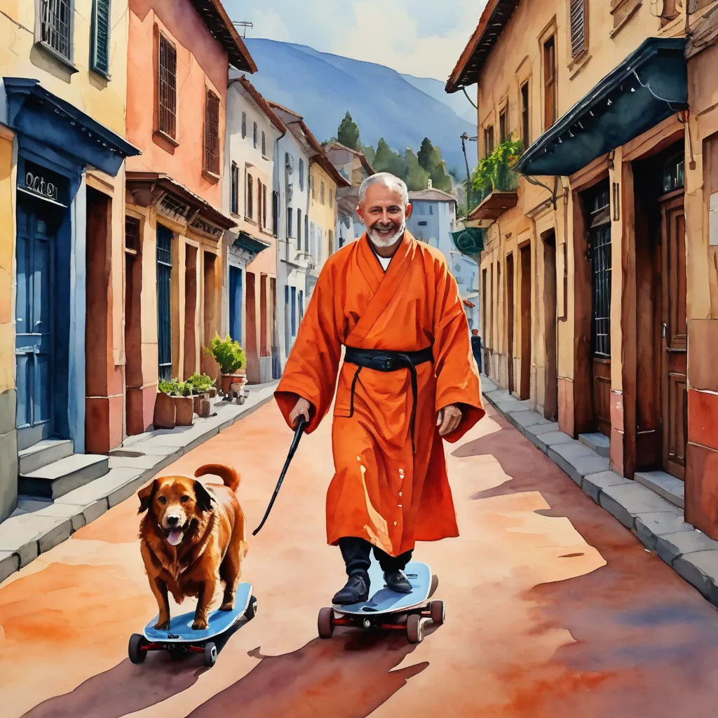 a painting of a man on a skateboard with a dog on a leash in the street next to buildings, figurative art, an ultrafine detailed painting, Eric Zener, in gouache detailed paintings