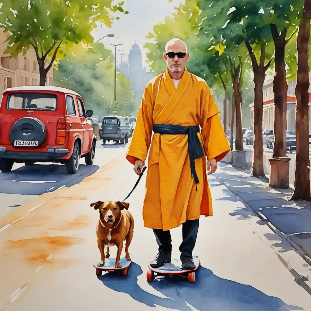 a man in a yellow robe is walking a dog on a skateboard on a city street with a red truck, figurativism, a watercolor painting, Eric Zener, in gouache detailed paintings